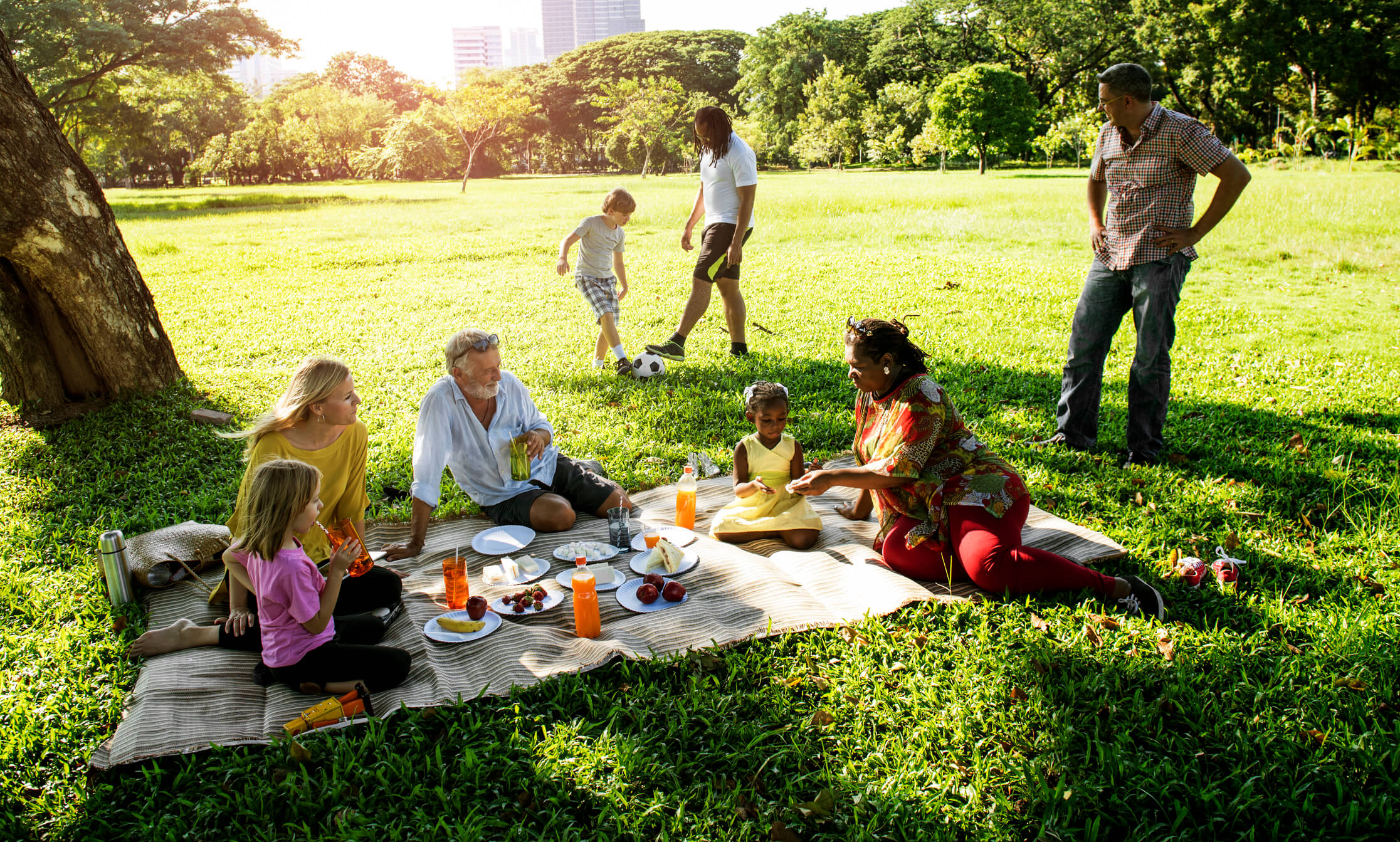 Family enjoying a picnic together on a sunny day